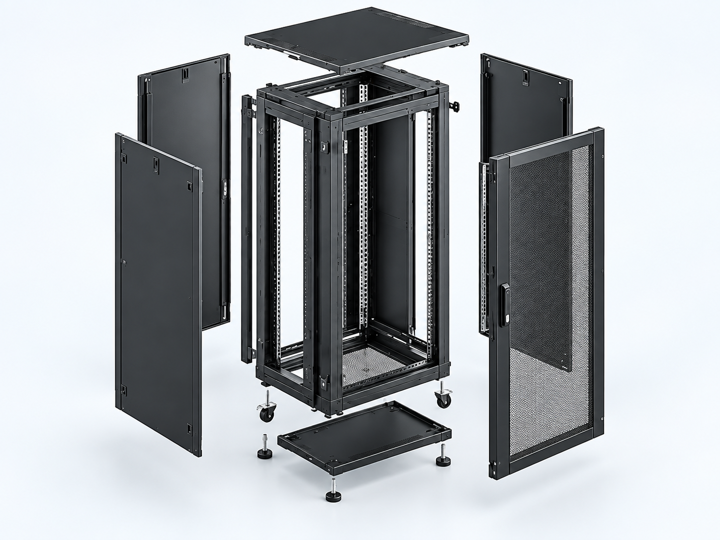 Generic exploded cabinet construction illustration showing frame, door, panels, roof and plinth